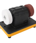 Three Inch Cordless Mini Bench Grinder With Dual Wheels For Heavy Metal Cutting And Quick Sharpening Jobs Battery Operated Design on a sturdy base.