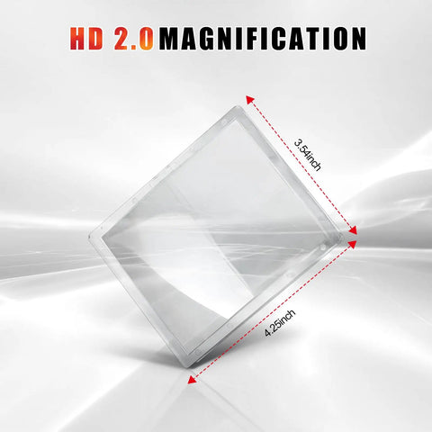 Heavy Duty Polycarbonate Welding Helmet Magnifying Lens 2.0 Diopter Cheater Lens dimensions 3.54x4.25 inches on reflective background.