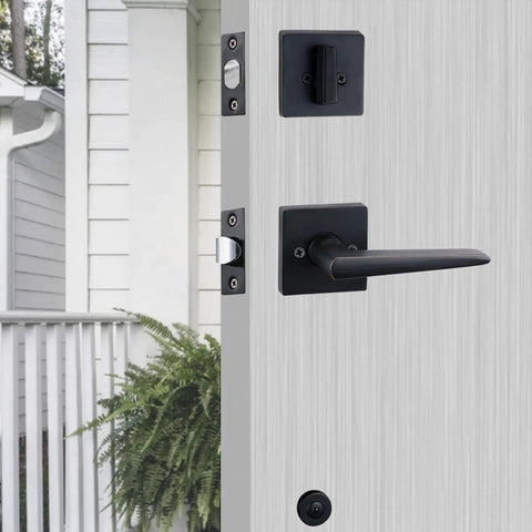Front Door Handleset With Full Escutcheon And Slim Lever Lock, Single Cylinder Deadbolt, Left Or Right Handed, Oil Rubbed Bronze Finish