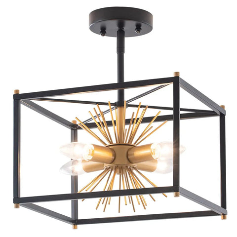 Gold Flush Mount Ceiling Light, Modern Brass Sputnik Starburst Fixture, Small 12.6 In, visible with starburst design and glass bulbs