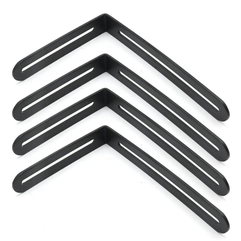 Four Pack Rock Solid Stainless Steel L Shaped Corner Brackets Featuring Dual Adjustable Slide Slots For No Sweat Setup And Heavy Duty Shelf Support Hardware In Smooth Matte Black Finish displayed in a row.