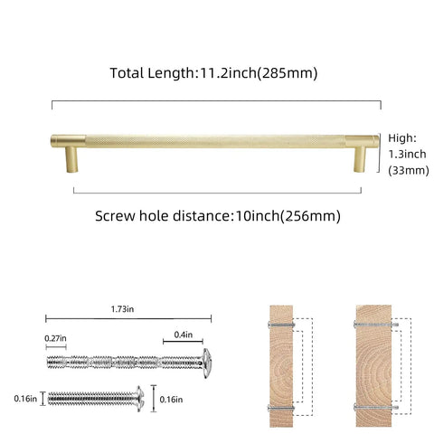 10 Pack 10 Inch Brushed Brass Cabinet Pulls Knurled Texture Kitchen Drawer Handles Heavy Duty Cupboard Door Hardware Quick Install Top Notch Style For Any Room, with dimensions and screw hole details.
