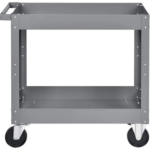 Rock Solid Heavy Duty Steel Storage Cart With Two Roomy Deep Trays Carries Five Hundred Pounds Flawlessly For Workshop Garage Or Warehouse Tool Organization And Effortless Rolling In Gray front view with a gray metal frame and wheels.