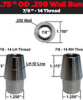 Badass Trail Ready 7 8 Inch Left Thread Heim Joint Kit With Chromoly Weld Bung Tube Adapter And Jam Nut For UTV Rock Crawler Four Link Steering Suspension Gear showing bungs with measurements.
