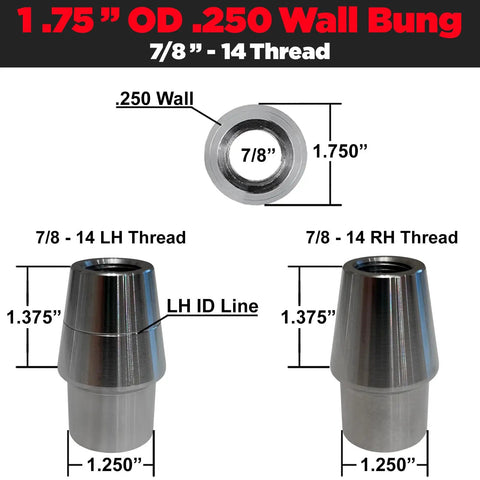 Badass Trail Ready 7 8 Inch Left Thread Heim Joint Kit With Chromoly Weld Bung Tube Adapter And Jam Nut For UTV Rock Crawler Four Link Steering Suspension Gear showing bungs with measurements.