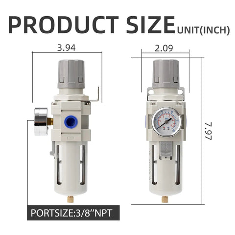 Dimensions of Industrial Air Compressor Filter Regulator Combo 3/8 Inch NPT 0-150 PSI With Semi Auto Drain And 5 Micron Water Separator