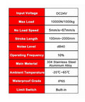 Technical specifications of Heavy Duty 24V Linear Actuator Electric Lifting Motor including max load and material.