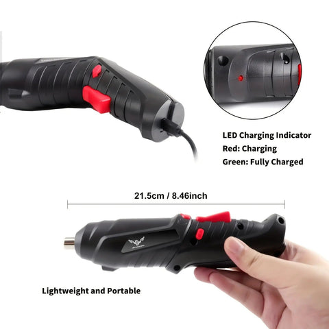 Close-up of 8 In 1 Electric Screwdriver And Cordless Drill With Adjustable Grip and charging indicator, lightweight, 21.5cm.