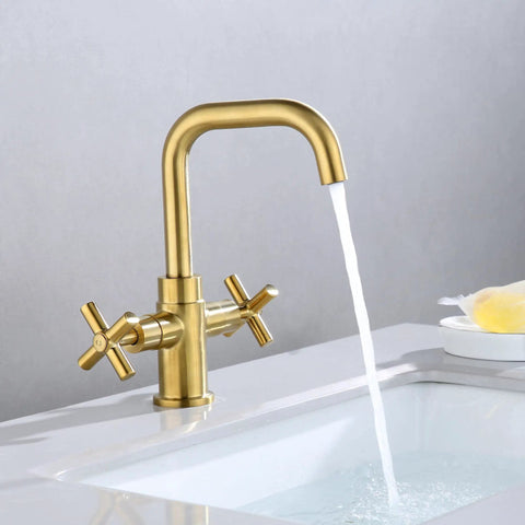 Modern Brushed Gold Bathroom Sink Faucet With 360 Degree Swivel Spout, 4 Inch Single Hole Or 3 Hole Centerset, 2 Handle Cross Handles