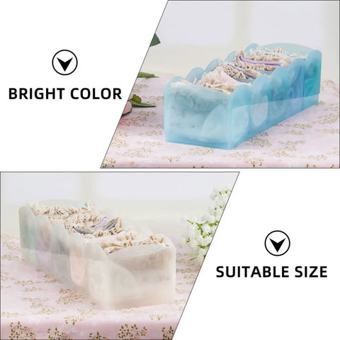 Keep Your Dresser Slick With This Heavy Duty Stackable Underwear Organizer Box Featuring Five Secure Grid Dividers For Neat Sock And Undergarment Storage Drawer in blue with organized items.