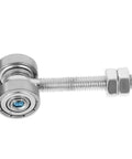 Close-up of a heavy duty sliding door wheel roller kit with double bearing steel trolley carriage and bolt.