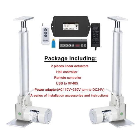 Heavy Duty Two Piece Linear Actuator Combo With Sync Controller Set 24V Dc showing 2 actuators, hall controller, and remote.