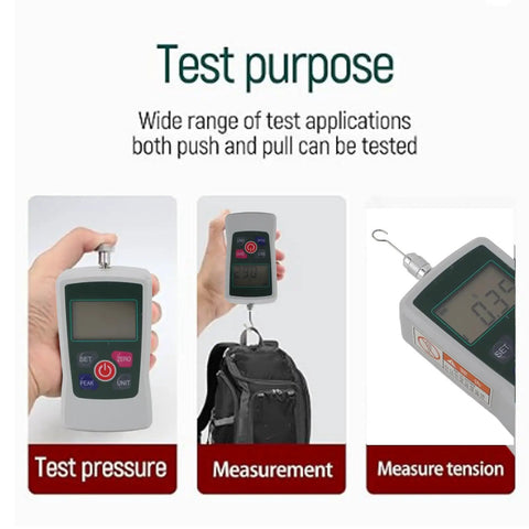 Hella Accurate Professional Grade Digital Force Gauge Rock Solid Push Pull Tester Meter showing pressure and tension tests.