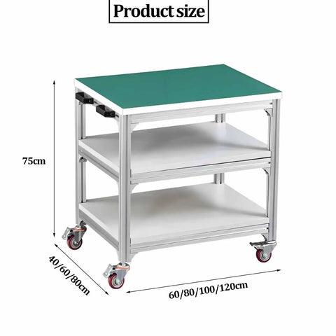 Solid Workhorse Three Tier Rolling Workbench With Anti Static Surface Heavy Duty Aluminum Frame Mobile Shop Cart For Garage Repair Warehouse Tool Hauling And Fixes, with product dimensions shown.