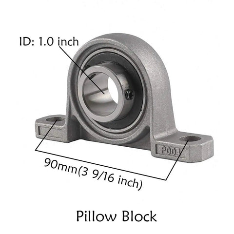 Pillow block bearing with 1.0 inch ID and 90mm length, labeled dimensions, used for mechanical support and alignment.