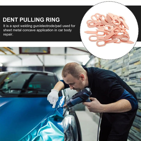 Man using 200 Pieces Iron Dent Puller Rings For Auto Body Repair And Sheet Metal Dents Removal Car Panel Alignment Kit