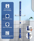 Electric Spin Scrubber With Long Handle Cordless Power Brush with wall-mounted holder, showing charging and runtime features.