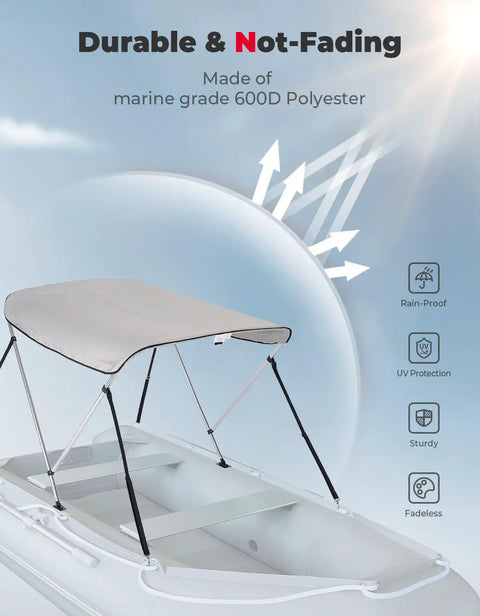 Beefy Boat Bimini Top Shade Cover With Marine Grade 600D Canvas, 2 Bow Design, 6 Ft Long on a boat, showcasing UV resistance