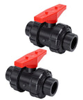 Top Shelf UPVC Union Ball Valve With Double Socket Slip Design For 25mm Pipes, black with red handle, ideal for plumbing systems.