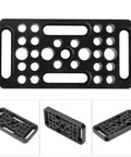 Universal Premium Aluminum Video Cheese Expansion Plate For DSLR Cameras Featuring Dual 1/4 And 3/8 Inch Screw Threads, top view with multiple mounting holes.