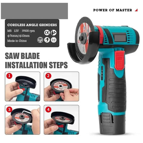Compact 12V Cordless Angle Grinder, Wireless Power Tool For Diamond And Tile Cutting, fitting saw blade installation steps.