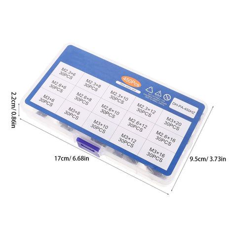 Self Tapping Screws Assortment Kit, 450pc Set With Cross Round Head, in storage box with sizes and measurements shown