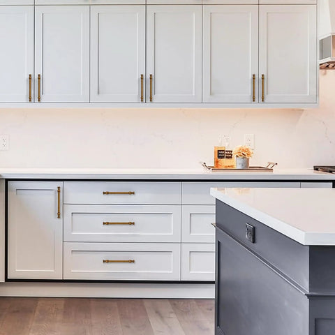 Kitchen cabinets with 2 Pack 8 Inch Center Antique Brass Cabinet Pulls Heavy Duty Solid Zinc Alloy Handles installed.