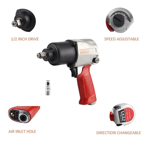 Premium 1/2 Inch Drive Pneumatic Impact Wrench with adjustable speed and rubber grip for heavy automotive work.