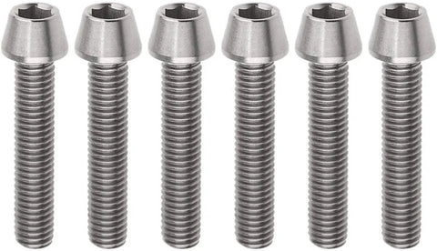Badass Titanium Hardware Kit Six Piece M8x40mm Inner Hexagon Full Thread Bolts showing six titanium bolts with hex heads.