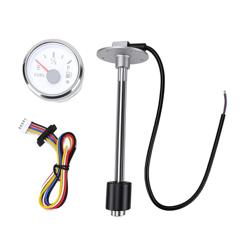 Premium Fuel Sender Unit With Analog Gauge Kit featuring a stainless steel gauge, fuel sender and wiring harness for trucks and RVs.
