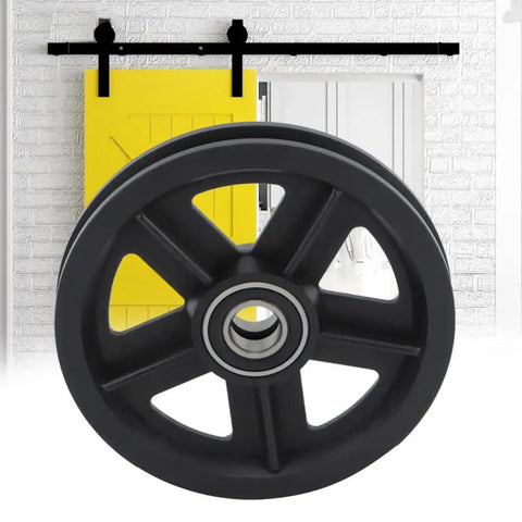 Heavy Duty Bad Boy Barn Door Hanging Rollers Featuring Dead Silent Bearings Premium Nylon Sliding Door Pulley Wheels close-up view