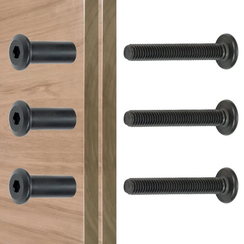 Forty Sets Black M6X40MM Furniture Connector Bolts And Cap Nuts Assortment Kit With Matching Drive Tool For No Sweat Wood Assembly and DIY cabinet hardware. Close-up of black connector bolts and cap nuts.