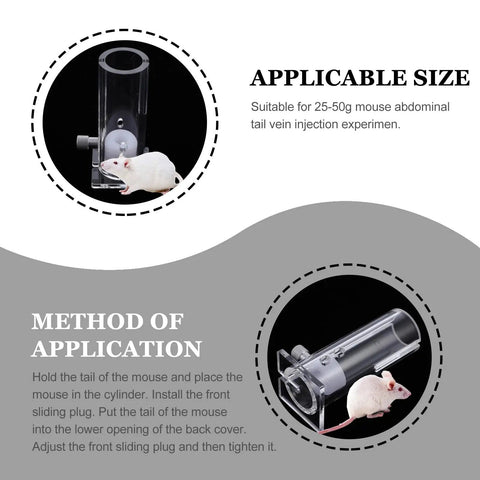 Top Shelf Transparent Acrylic Mouse Restrainer And Solid Lab Animal Holding Tube For 35 To 45 Gram Mice with a mouse inserted for injections.