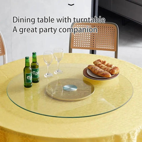 Hella Smooth 360 Swivel Tempered Glass Lazy Susan Turntable Nailed It rotating dining tray on a yellow table with snacks and drinks.