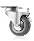 Heavy Duty 3 Inch Swivel Caster Wheels Equipped With Lock Down Dual Brakes And Roll Smooth Gray Rubber Tires For Tough Furniture Cart Dolly And Workbench Builds, close-up view showing steel plate and rubber tire.