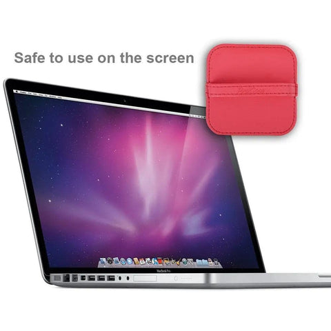 4 Pack Elastic Strap Screen Cleaning Pads With Soft Cloth Wipes For All Screens Including iPad iPhone MacBook Tablet Laptop TV Camera Color Mixed Super Handy For Travel And Everyday Use shown next to MacBook