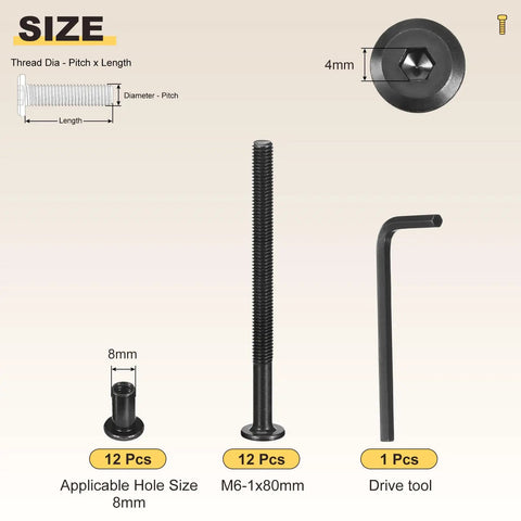 Rock Solid Baby Crib Hardware Pack Featuring Hella Durable Barrel Nuts And Flat Head Screws For Pain Free Furniture Assembly M6 By 1x80 Millimeter Replacement Fasteners With Wrench Twenty Four Piece Set showing M6-1x80mm bolts and fitting wrench.