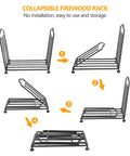 Foldable Firewood Rack For Indoor And Outdoor Use, Rust-Resistant, Weatherproof, Snap-open setup and folding steps shown