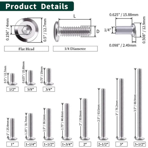 Twelve Pack Heavy Duty 1/4-20 By 3-1/2 Inch Flat Head Hex Socket Cap Screws Paired With Barrel Nuts And Hex Spanner Built Tough From 304 Stainless Steel For Smooth Corrosion Resistant Fastening product dimensions and details image.