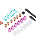 Rock Hard TIG Welding Torch Accessory Kit Features Pro Grade Collets Gas Lens Assembly And Ceramic Cups For WP9 WP20 WP25 Plus Shop Ready Gear with copper collets and pink ceramic cups.