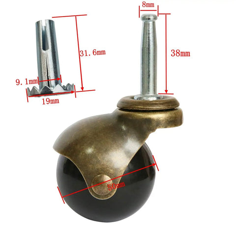 Top Shelf Sweet 2-Inch Brass Ball Casters Set Of 4 Vintage Antique Roller Wheels With 5/16-Inch Stem and Mounting Sockets shown with dimensions.
