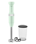 Powerful Variable Speed Corded Hand Blender With Removable 8 Inch Arm And Steel Blades For Soups And Smoothies with mixing jar.