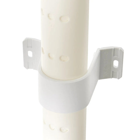 White plastic connector on a support pole for Real Deal Slick Four Tier Adjustable Height Storage Rack For Home Garage Laundry Room And Kitchen Pantry Medium Duty Organizer System Connectible Design White Two Pack Bundle.