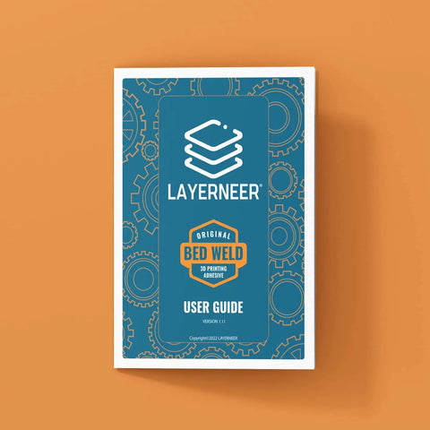 Layerneer Bed Weld user guide for 3D printing adhesive on orange background, featuring gears design.