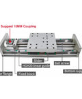 Built Tough Ball Screw Motion Table Featuring HGR20 Linear Rails And SFU1605 Drive Screw For Zero Lag Precision Tracking compatible with stepper or servo motors, showcasing the slider and motor flange.