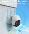 Wireless Outdoor Security Camera with Battery Power, 360 Degree View, 2K Clarity, mounted on wall with 2.4GHz WiFi connectivity.