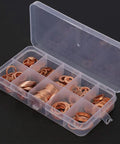 Solid Copper Flat Washers Assorted Set M5 To M14 Including 200 Pcs For Electrical Insulation Stopping Galvanic Corrosion On Aluminum Steel Or Auto Wiring Solar Panels Load Distribution Kit Good For Home Or Garage Use Solid Copper Gear You Gotta Grab. open case with assorted copper flat washers