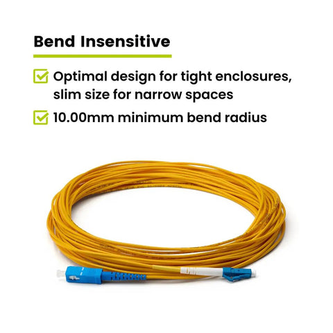 Rock Solid Plug And Play LC To SC OS2 Singlemode Fiber Patch Cable 7 Meters Yellow Simplex 9 By 125 Um Riser Rated OFNR, bend insensitive design.