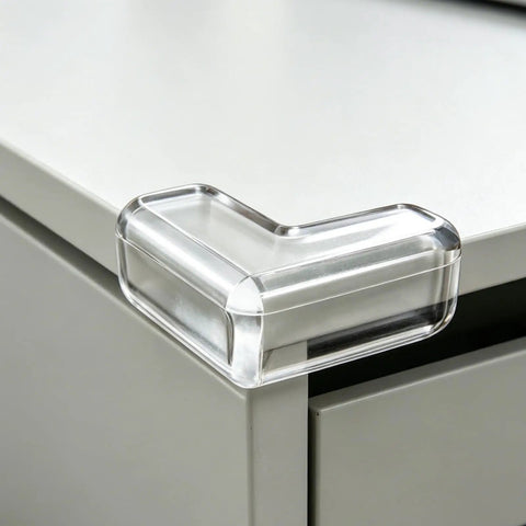 4 Pack Transparent PVC Table Corner Protectors With Adhesive Easy Stick On Edge Guards shown on desk corner