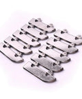 Rock Solid Stainless Steel Window Roller With Double Wheel Slider Tough As Nails Design For Glass Cabinet Doors Smooth Glide Action Premium Clamp Hardware One Pack set of stainless steel window rollers arranged on a white background.